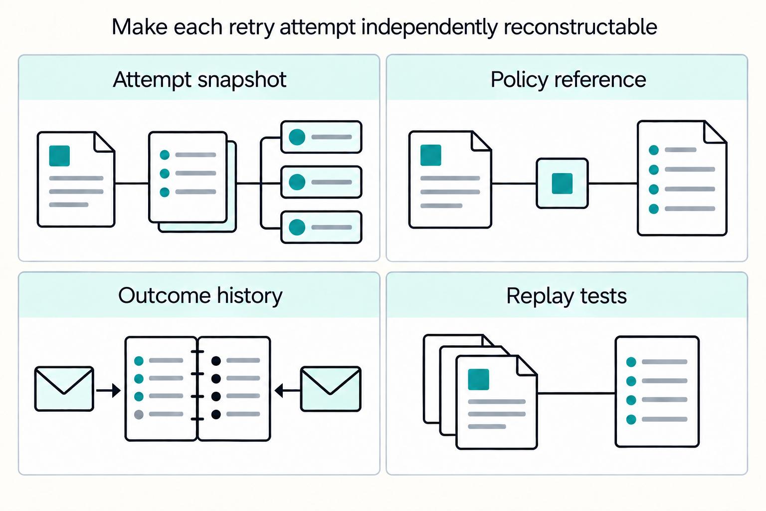 Make each retry attempt independently reconstructable: Attempt snapshot, Policy reference, Outcome history, Replay tests.