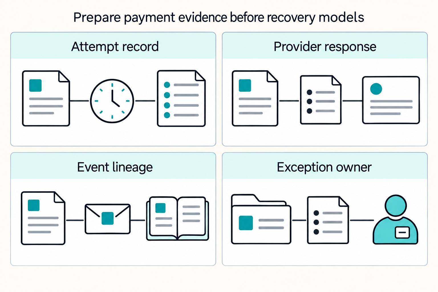 Prepare payment evidence before recovery models: Attempt record, Provider response, Event lineage, Exception owner.