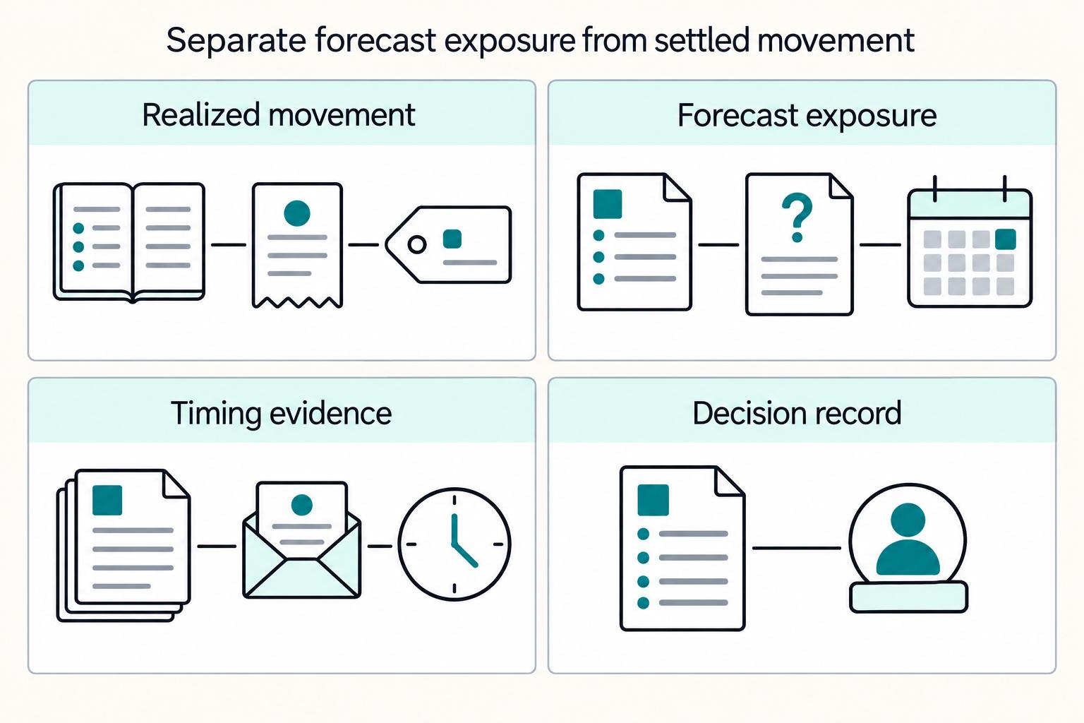 Separate forecast exposure from settled movement: Realized movement, Forecast exposure, Timing evidence, Decision record.
