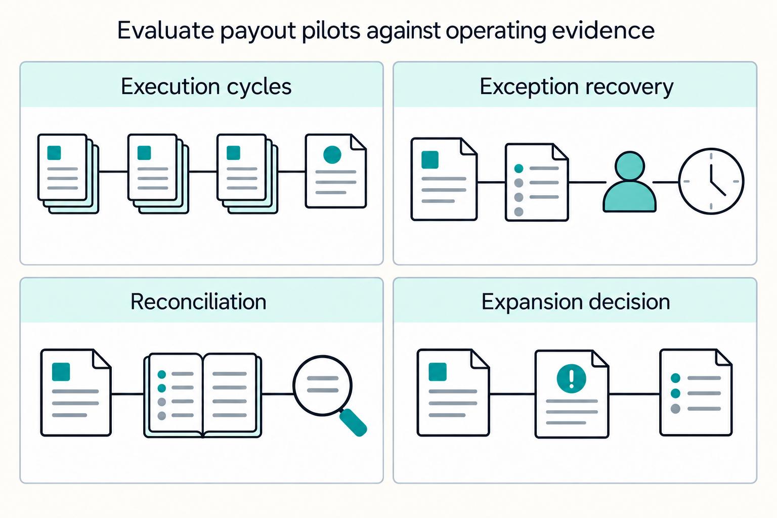 Evaluate payout pilots against operating evidence: Execution cycles, Exception recovery, Reconciliation, Expansion decision.