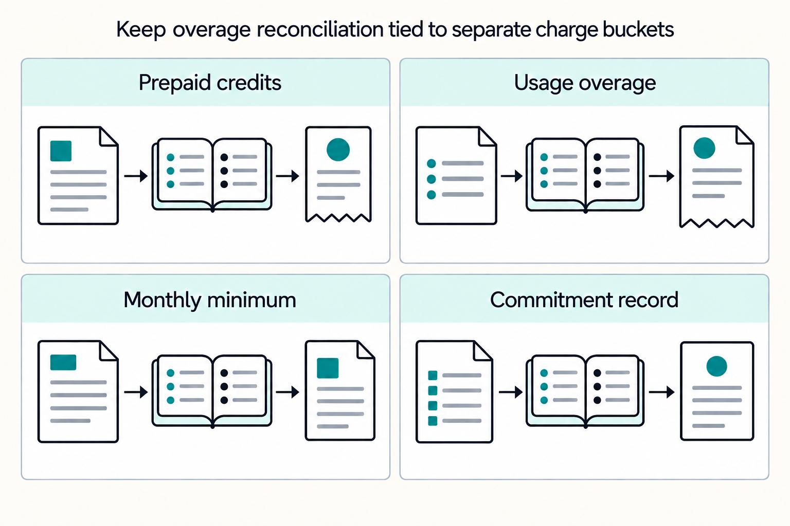 Keep overage reconciliation tied to separate charge buckets: Prepaid credits, Usage overage, Monthly minimum, Commitment record.