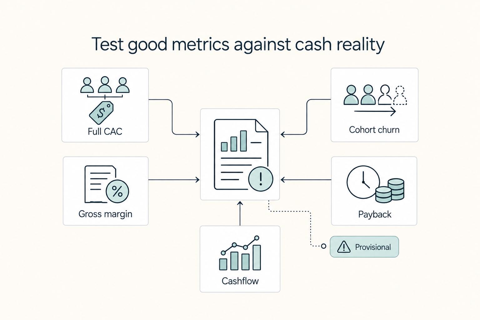 Test good metrics against cash reality: Full CAC, Cohort churn, Gross margin, Payback, Cashflow, and Provisional.