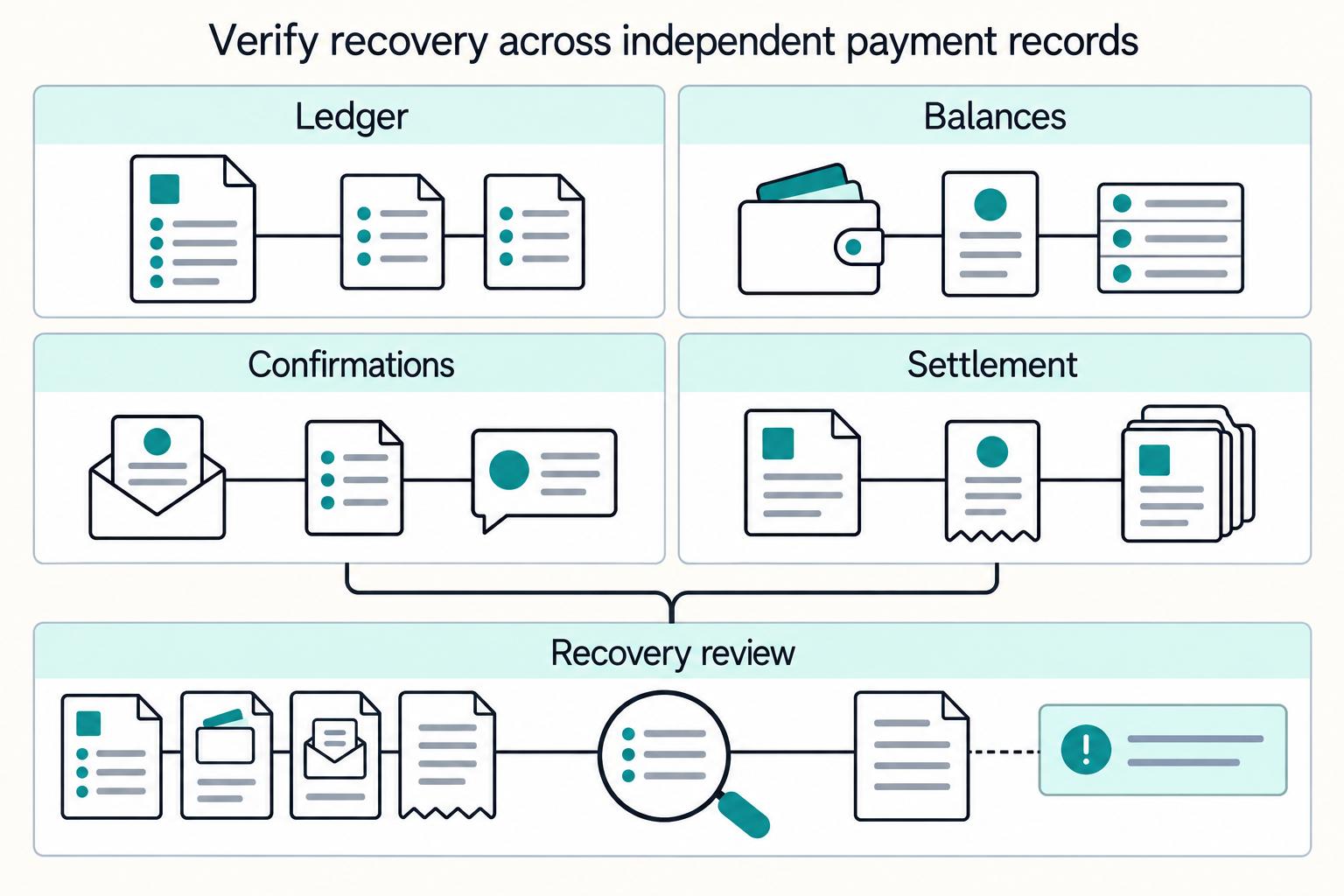 Verify recovery across independent payment records: Ledger, Balances, Confirmations, Settlement, Recovery review.