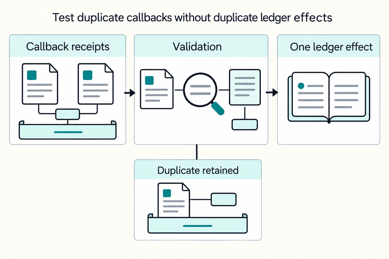 Test duplicate callbacks without duplicate ledger effects: Callback receipts, Validation, One ledger effect, Duplicate retained.
