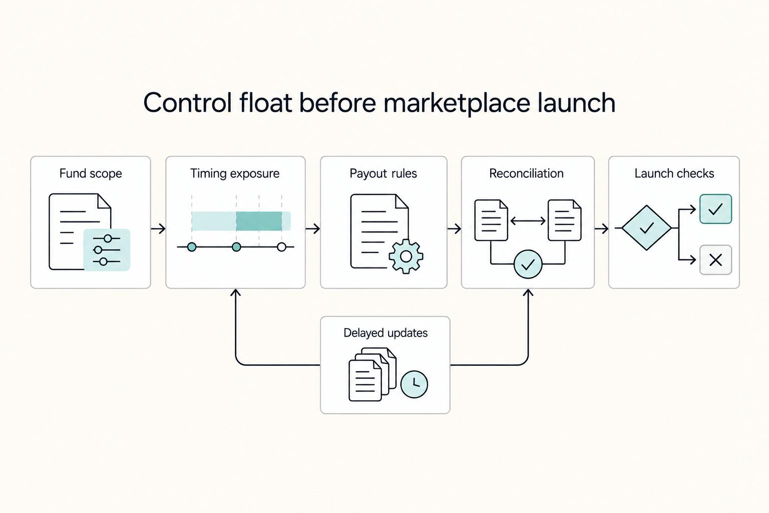 Control float before marketplace launch: Fund scope, Timing exposure, Payout rules, Reconciliation, Launch checks, and Delayed updates.