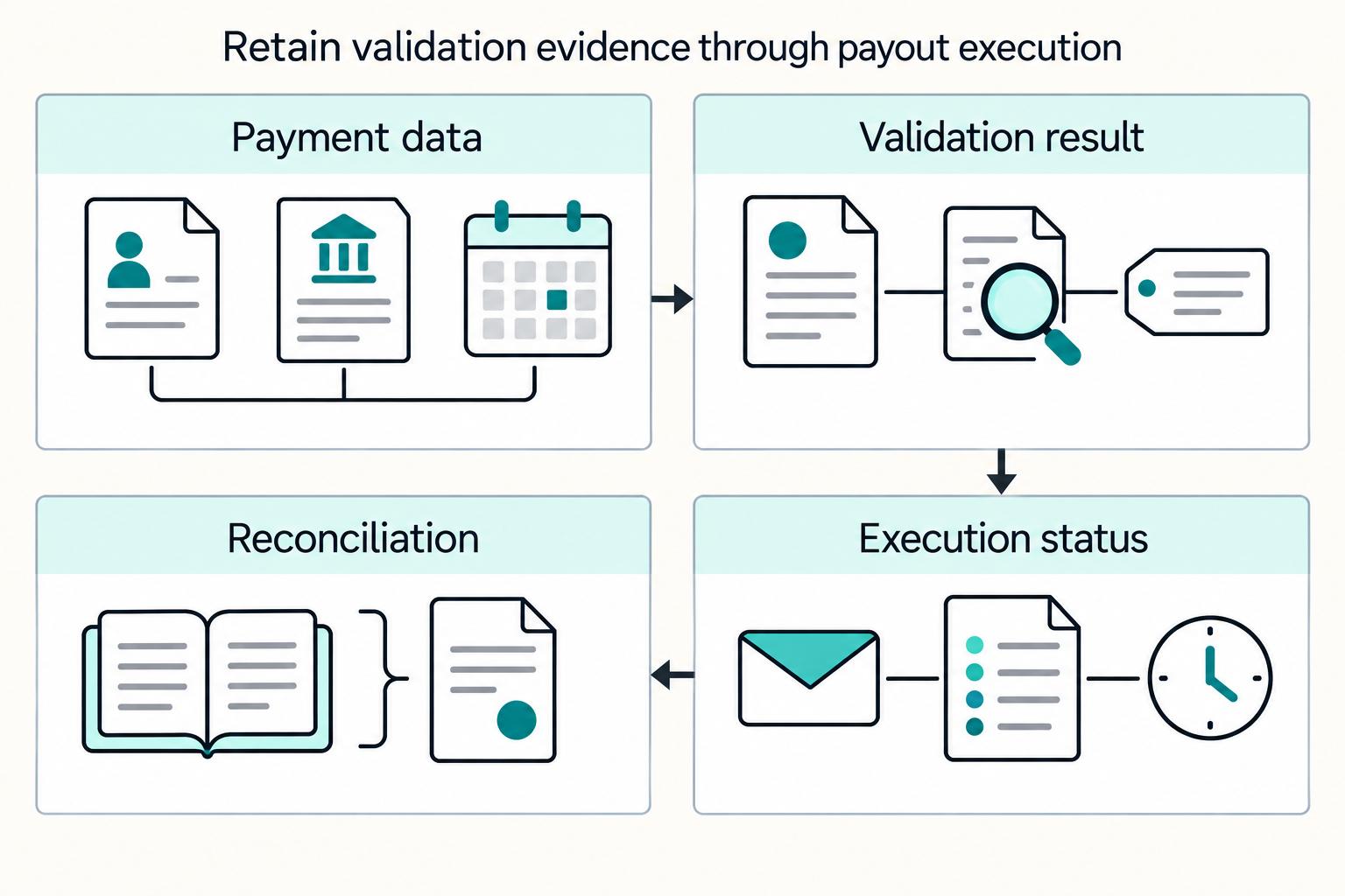 Retain validation evidence through payout execution: Payment data, Validation result, Execution status, Reconciliation.