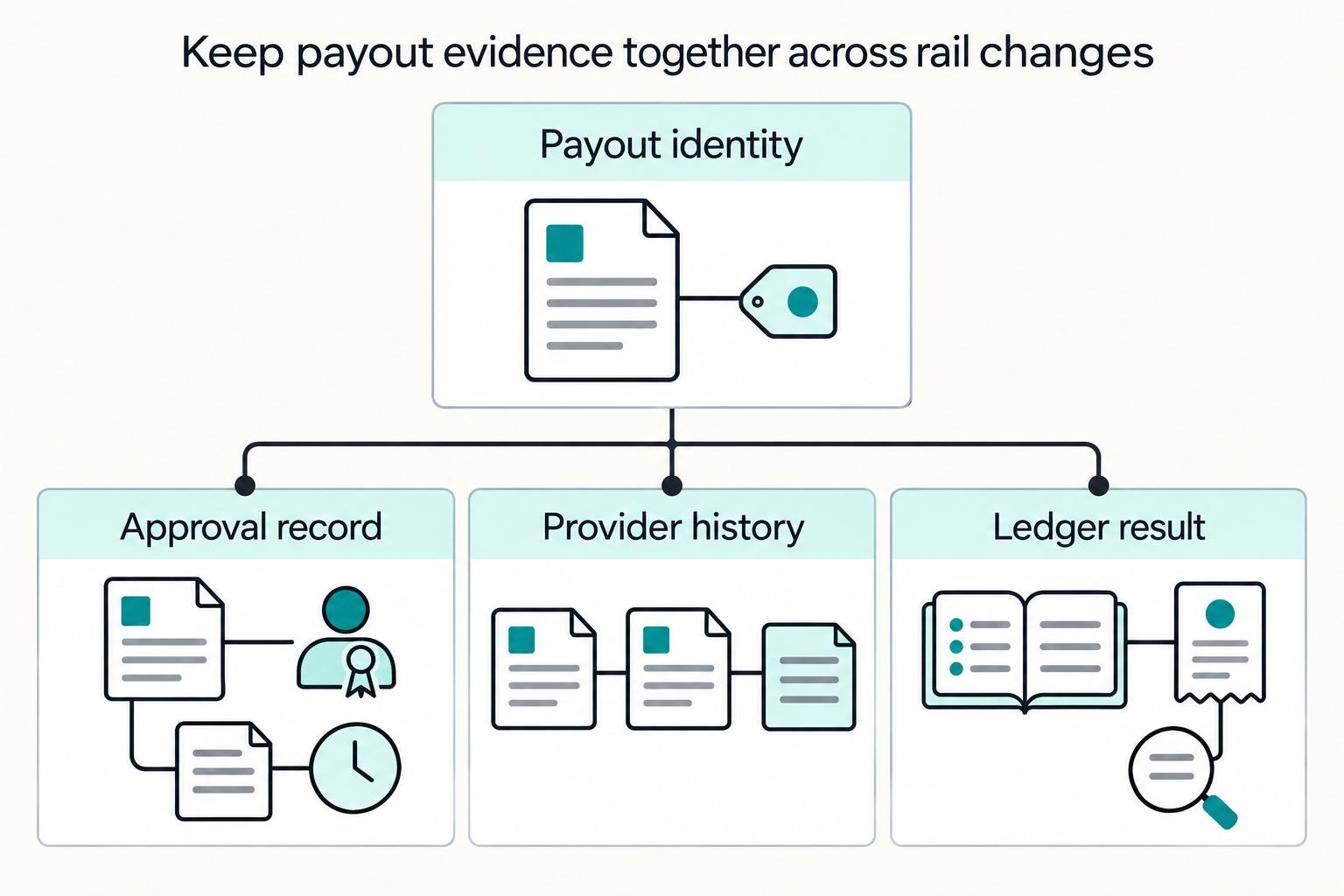 Keep payout evidence together across rail changes: Payout identity, Approval record, Provider history, Ledger result.