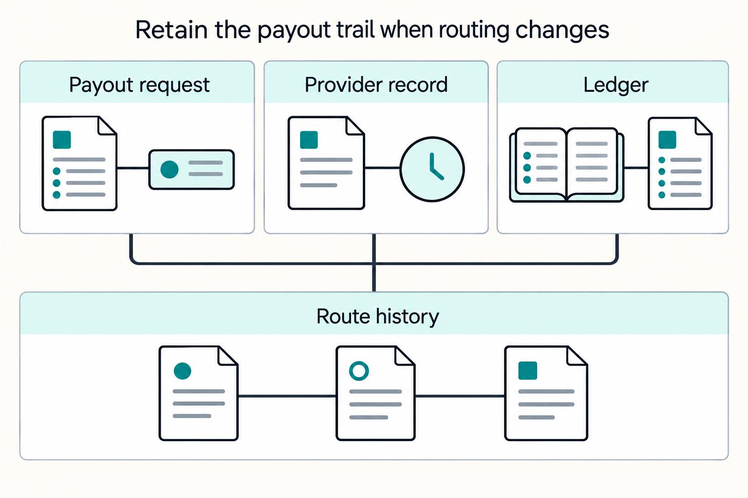 Retain the payout trail when routing changes: Payout request, Provider record, Ledger, Route history.