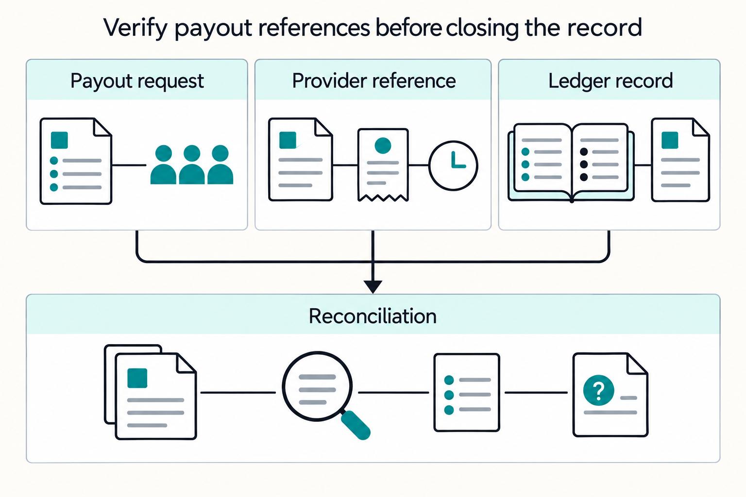 Verify payout references before closing the record: Payout request, Provider reference, Ledger record, Reconciliation.
