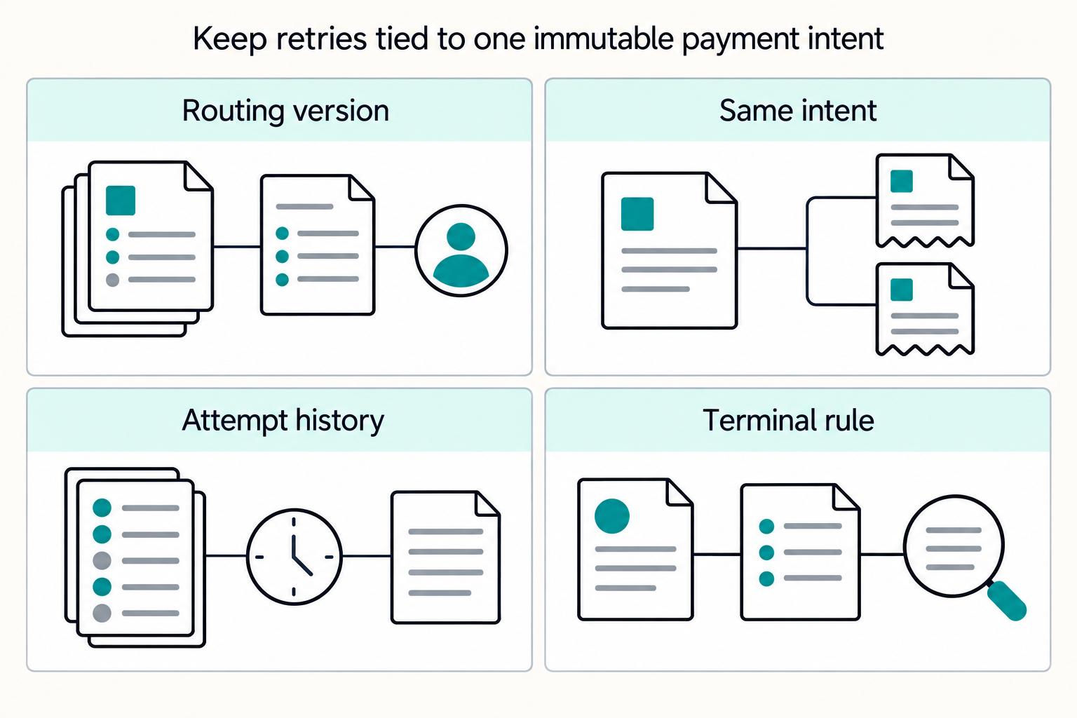 Keep retries tied to one immutable payment intent: Routing version, Same intent, Attempt history, Terminal rule.