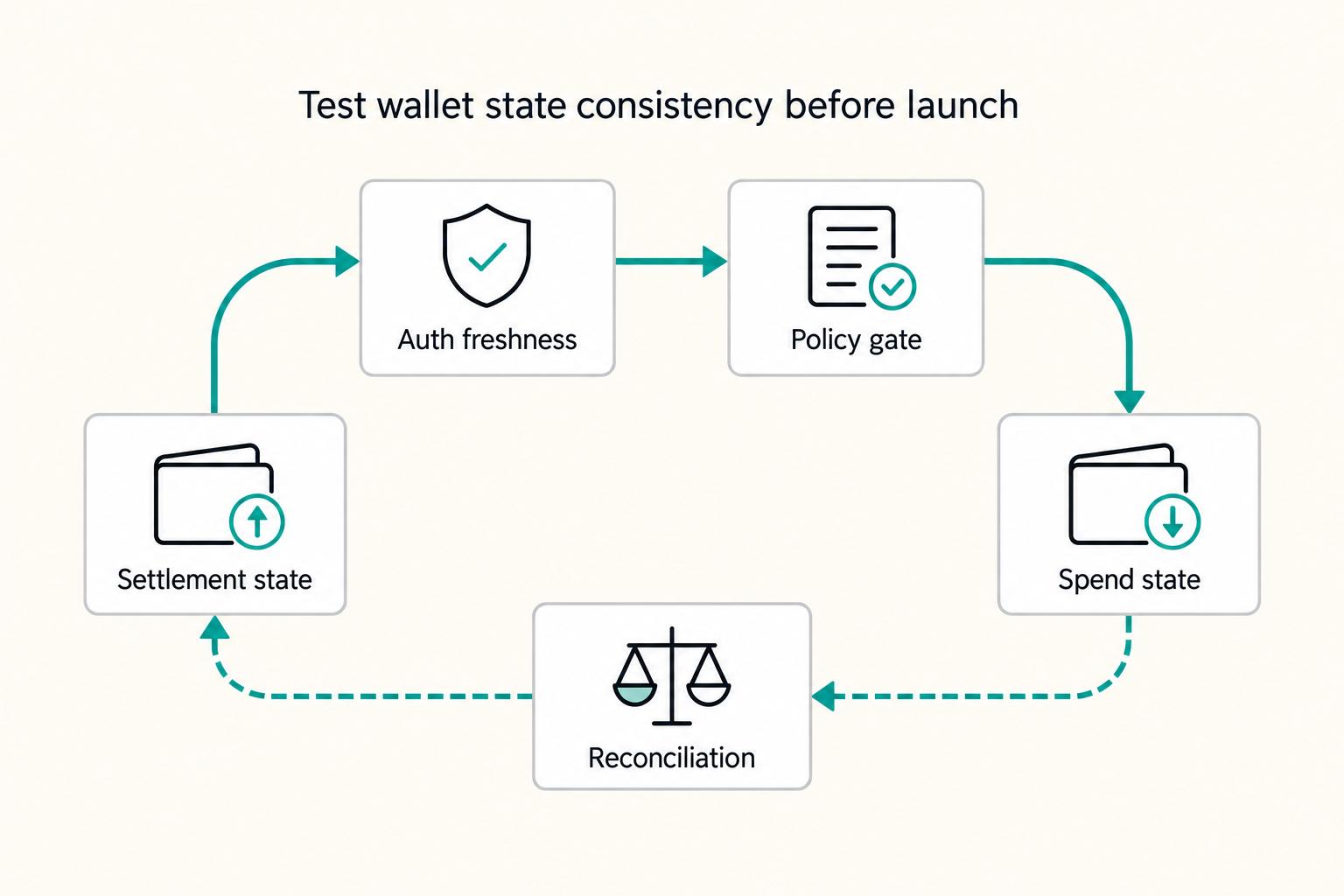 Test wallet state consistency before launch: Auth freshness, Policy gate, Spend state, Settlement state, and Reconciliation.