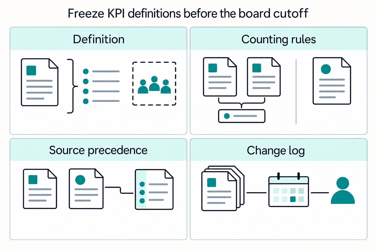 Freeze KPI definitions before the board cutoff: Definition, Counting rules, Source precedence, Change log.