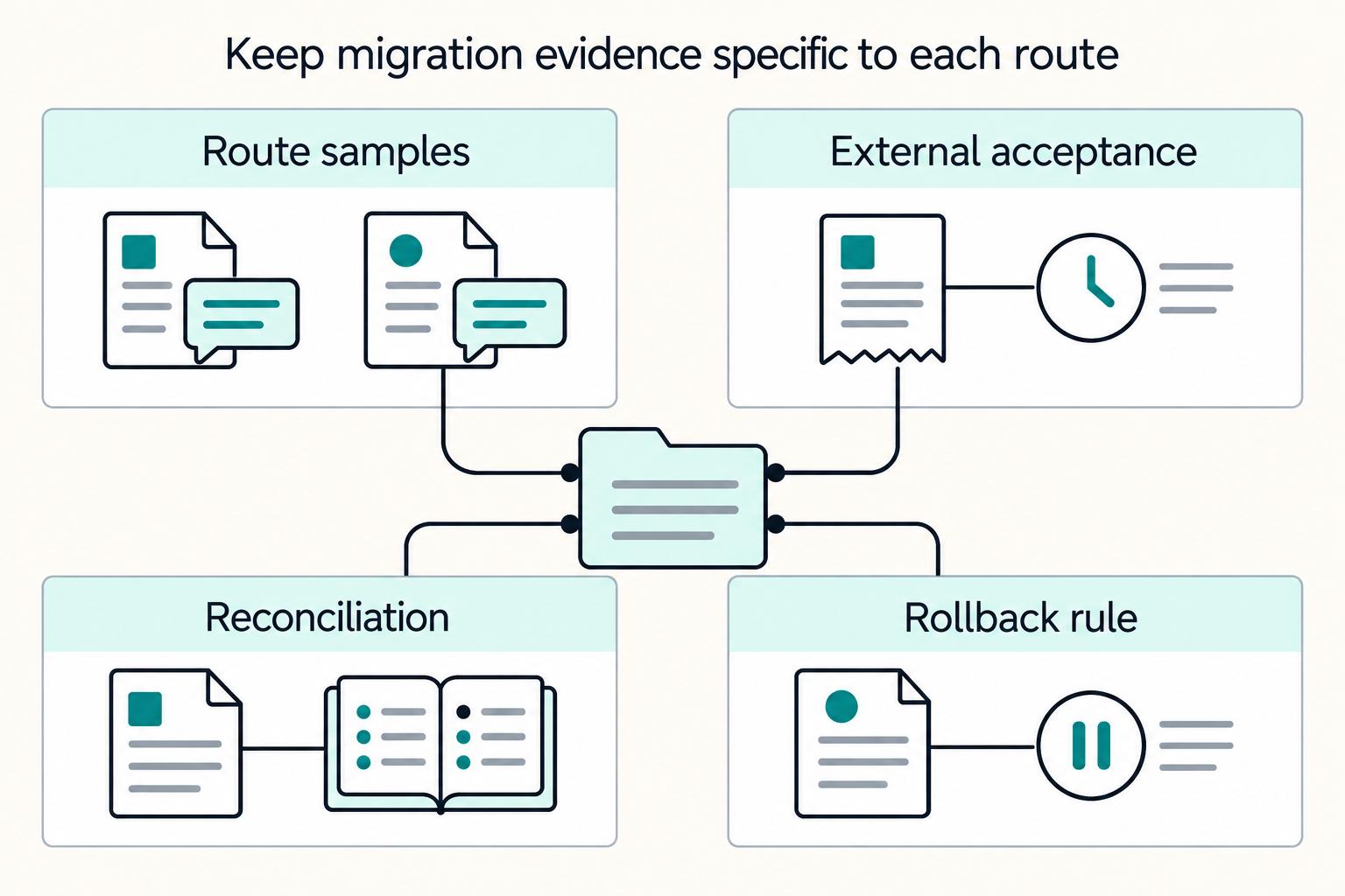 Keep migration evidence specific to each route: Route samples, External acceptance, Reconciliation, Rollback rule.