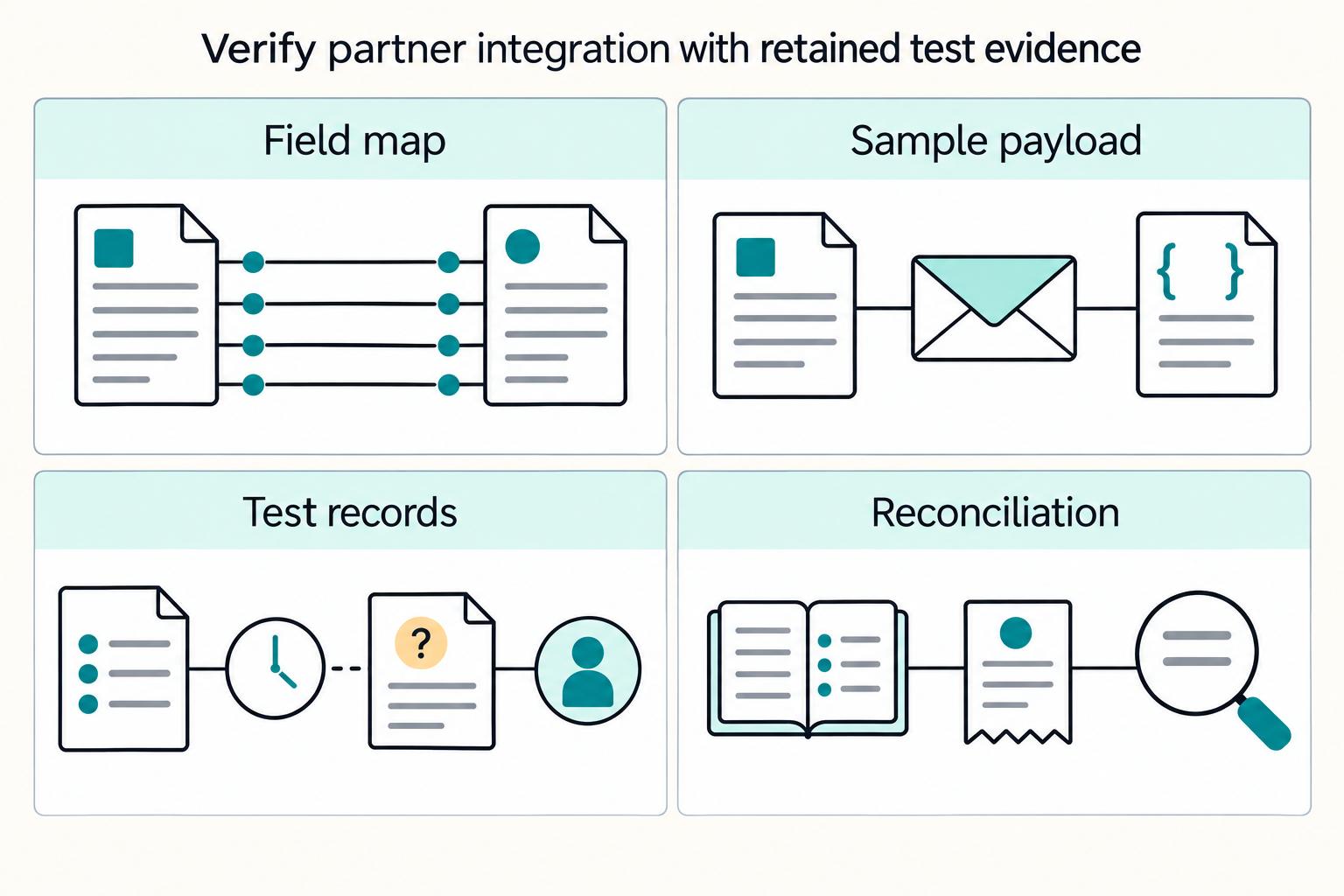 Verify partner integration with retained test evidence: Field map, Sample payload, Test records, Reconciliation.