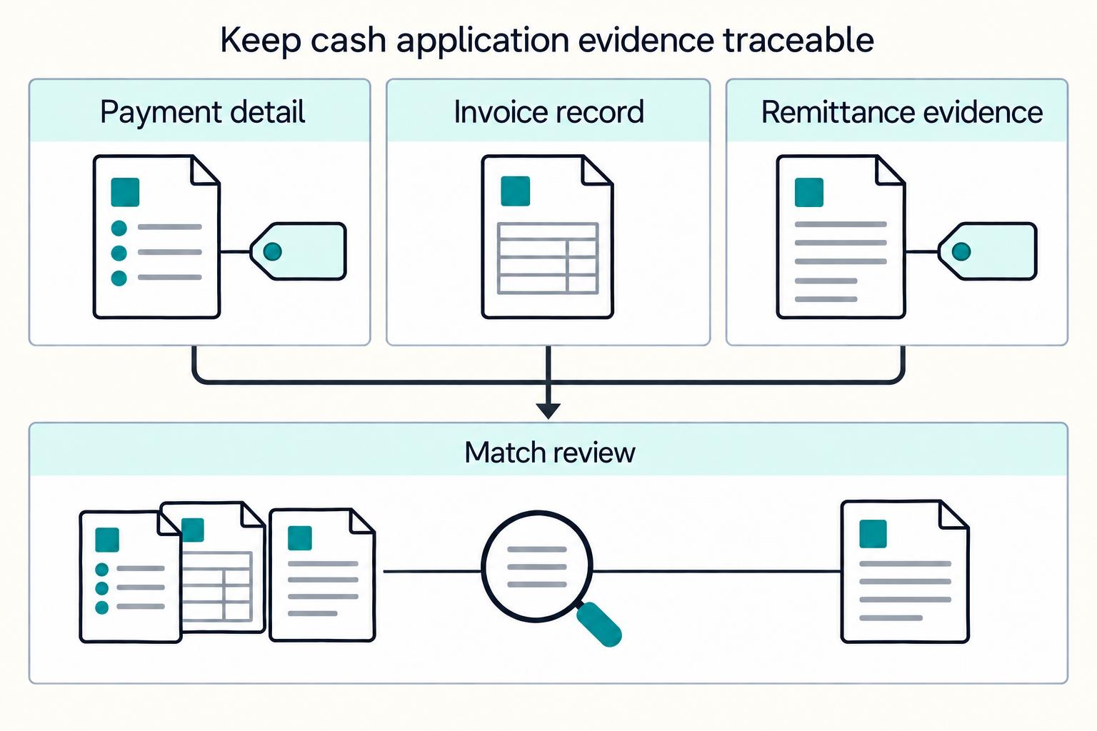 Keep cash application evidence traceable: Payment detail, Invoice record, Remittance evidence, Match review.
