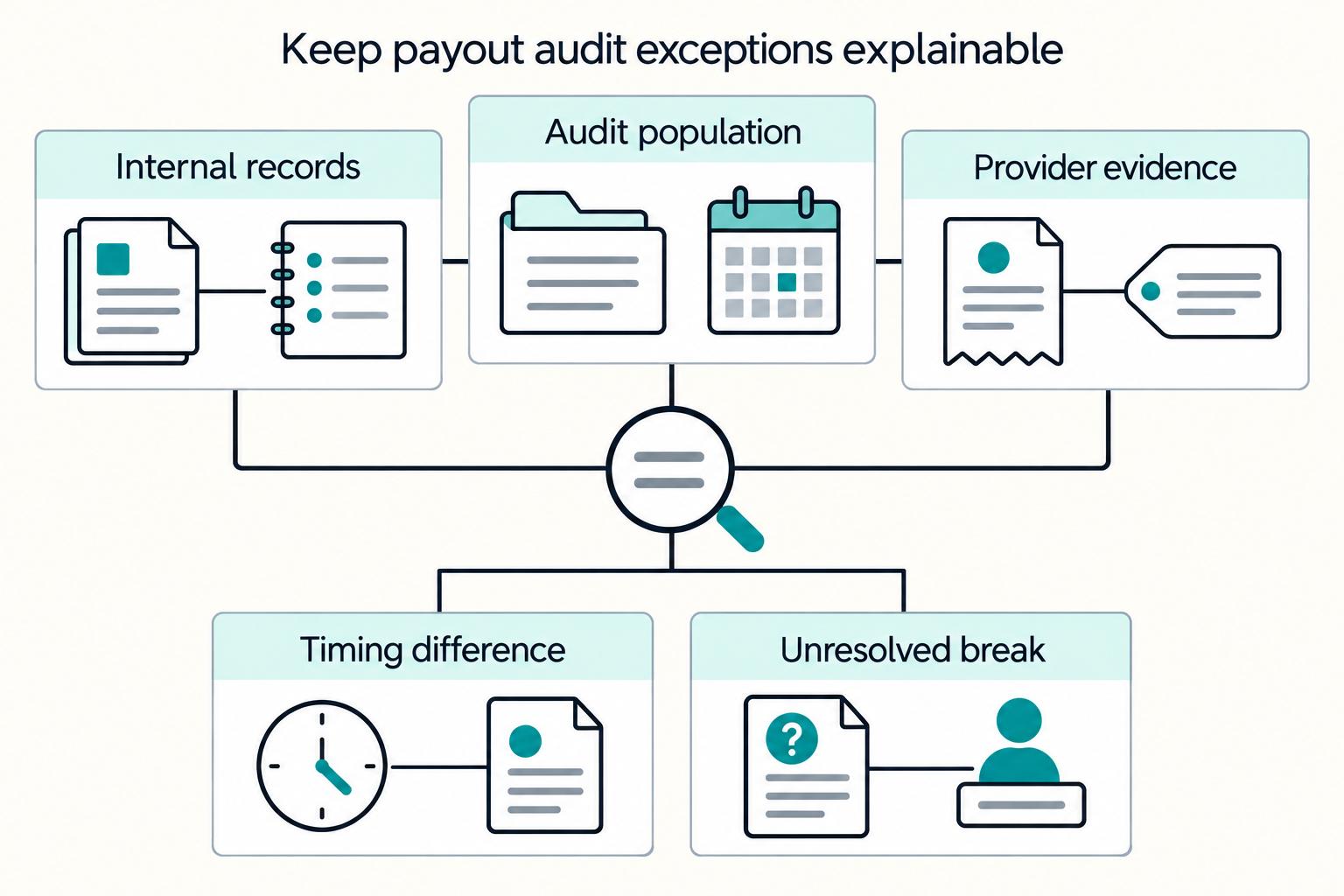 Keep payout audit exceptions explainable: Audit population, Internal records, Provider evidence, Timing difference, Unresolved break.