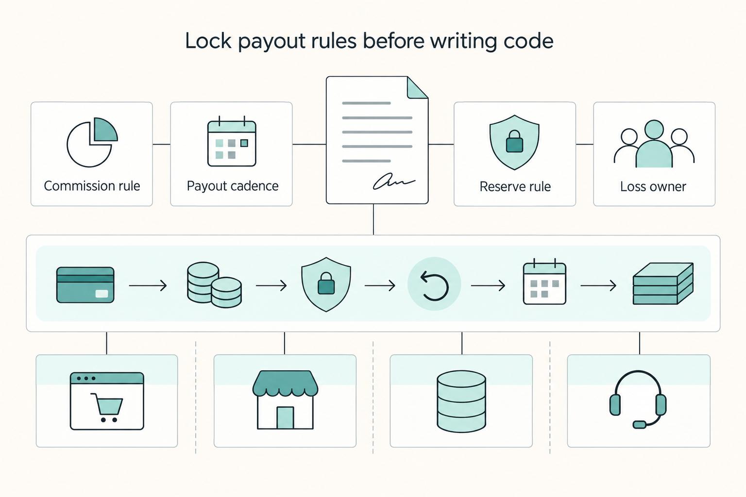 Lock payout rules before writing code: Commission rule, Payout cadence, Reserve rule, and Loss owner.