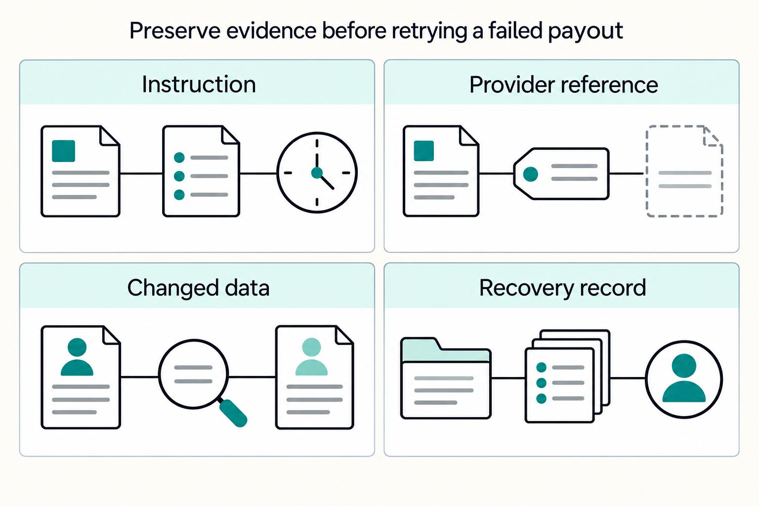 Preserve evidence before retrying a failed payout: Instruction, Provider reference, Changed data, Recovery record.