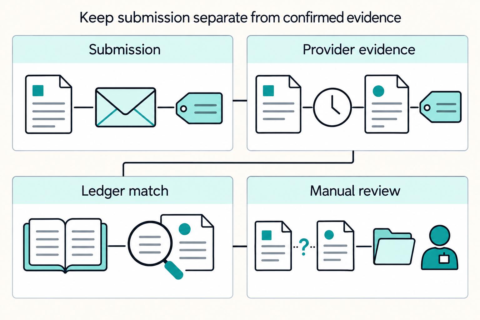 Keep submission separate from confirmed evidence: Submission, Provider evidence, Ledger match, Manual review.