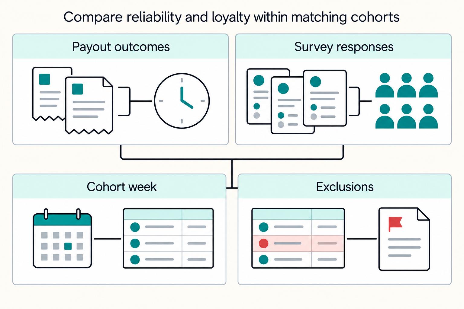 Compare reliability and loyalty within matching cohorts: Payout outcomes, Survey responses, Cohort week, Exclusions.