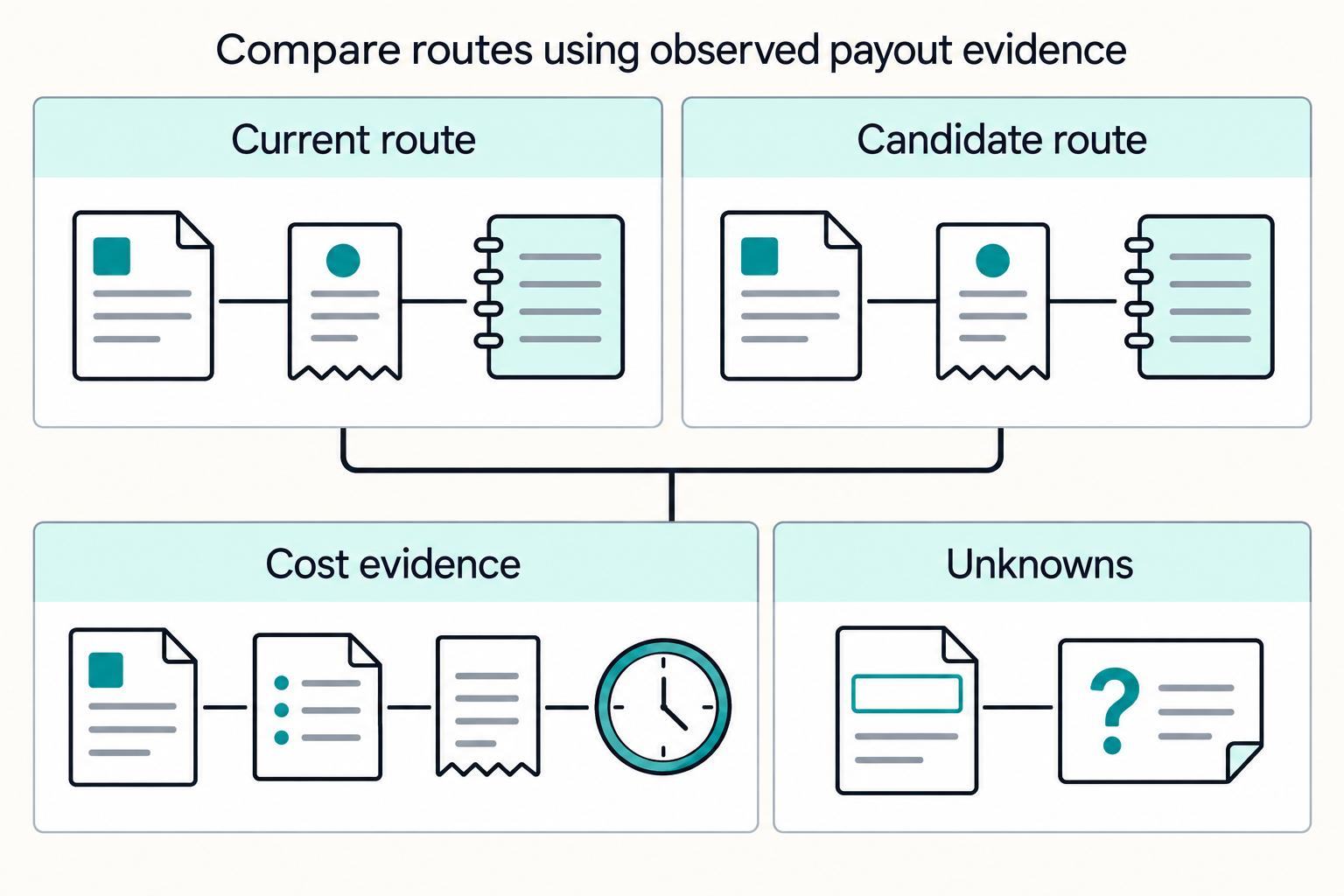 Compare routes using observed payout evidence: Current route, Candidate route, Cost evidence, Unknowns.