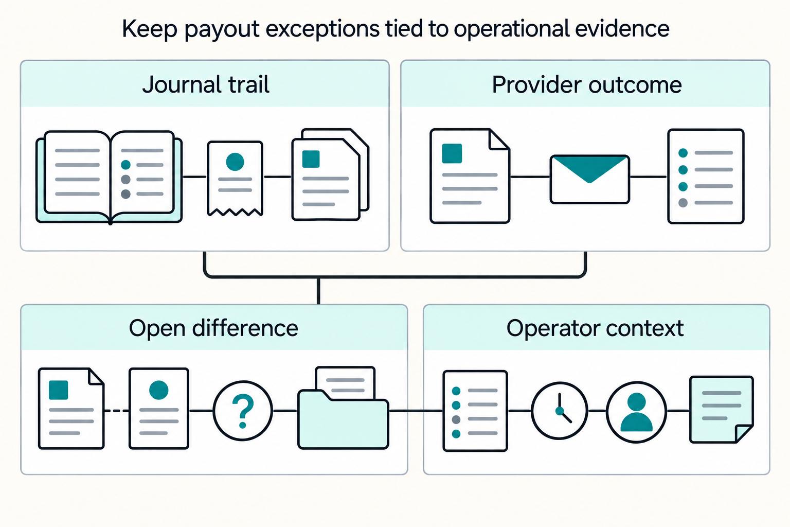 Keep payout exceptions tied to operational evidence: Journal trail, Provider outcome, Open difference, Operator context.