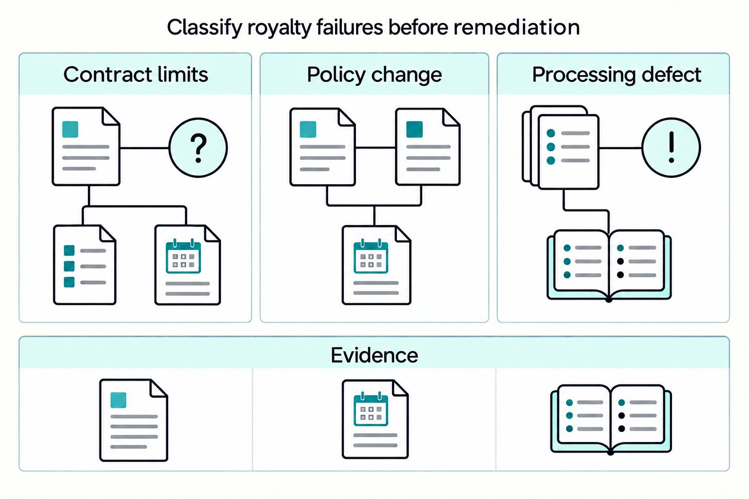 Classify royalty failures before remediation: Contract limits, Policy change, Processing defect, Evidence.