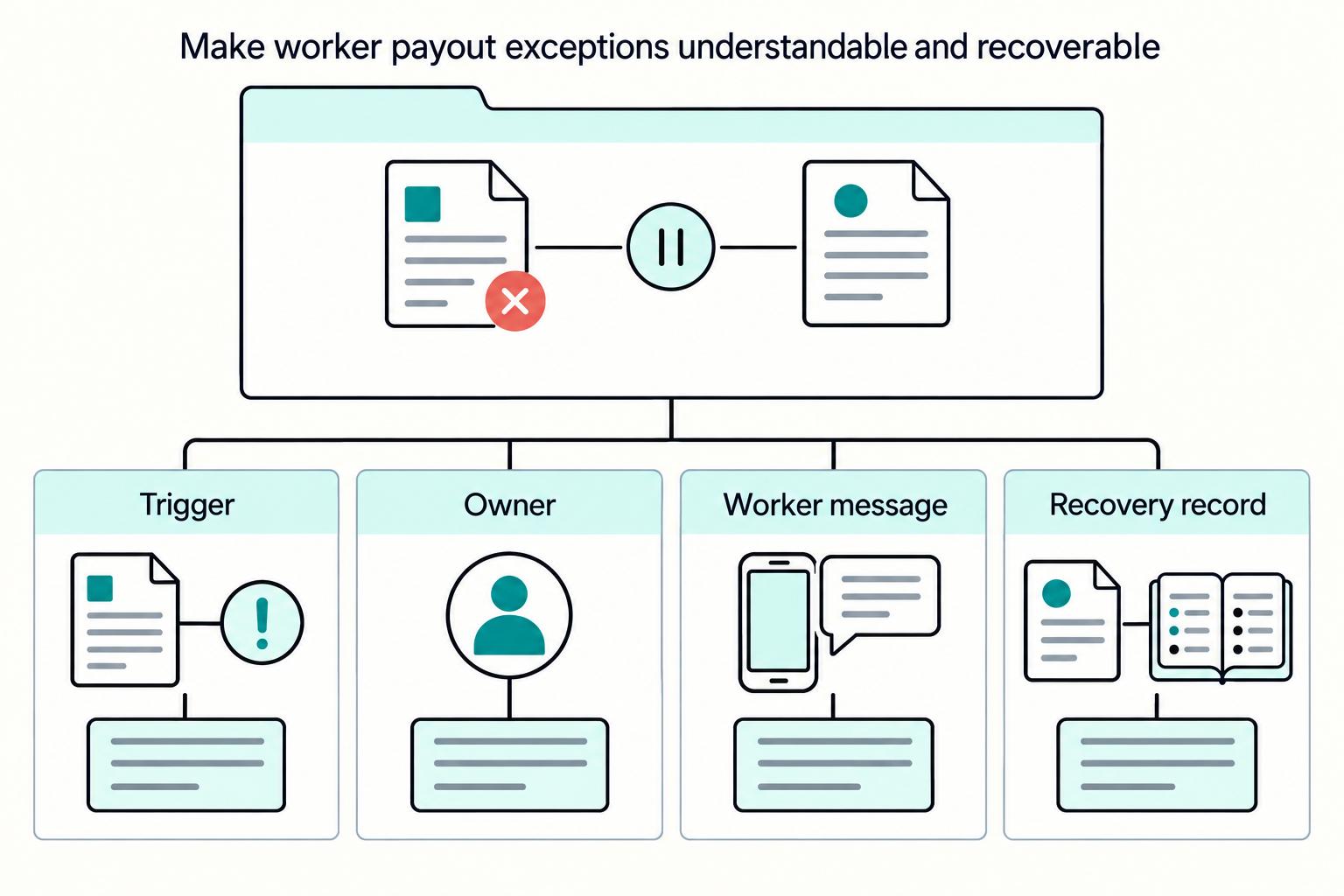 Make worker payout exceptions understandable and recoverable: Trigger, Owner, Worker message, Recovery record.