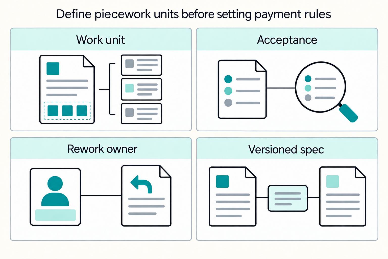 Define piecework units before setting payment rules: Work unit, Acceptance, Rework owner, Versioned spec.