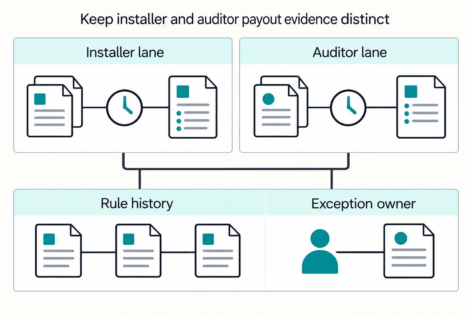 Keep installer and auditor payout evidence distinct: Installer lane, Auditor lane, Rule history, Exception owner.
