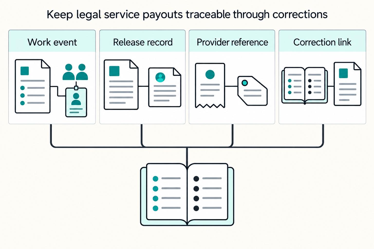 Keep legal service payouts traceable through corrections: Work event, Release record, Provider reference, Correction link.