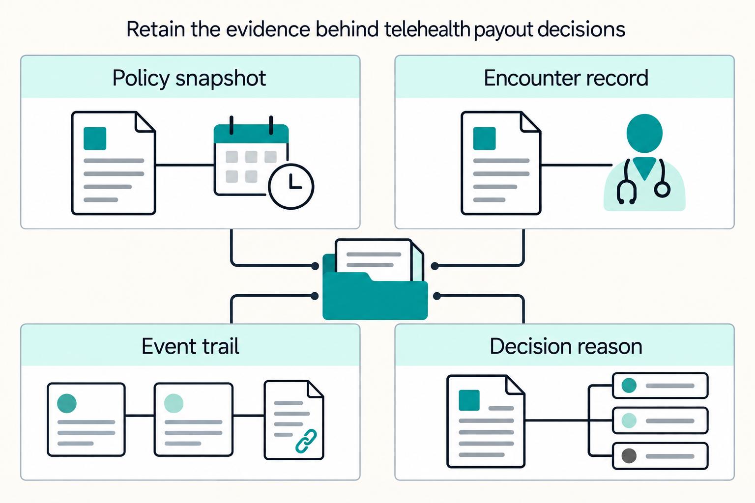 Retain the evidence behind telehealth payout decisions: Policy snapshot, Encounter record, Event trail, Decision reason.