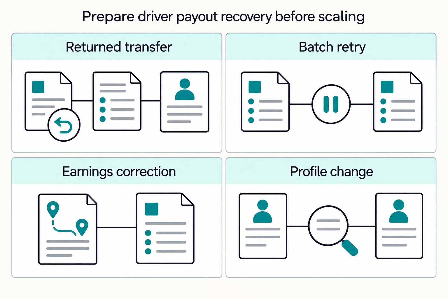 Prepare driver payout recovery before scaling: Returned transfer, Batch retry, Earnings correction, Profile change.