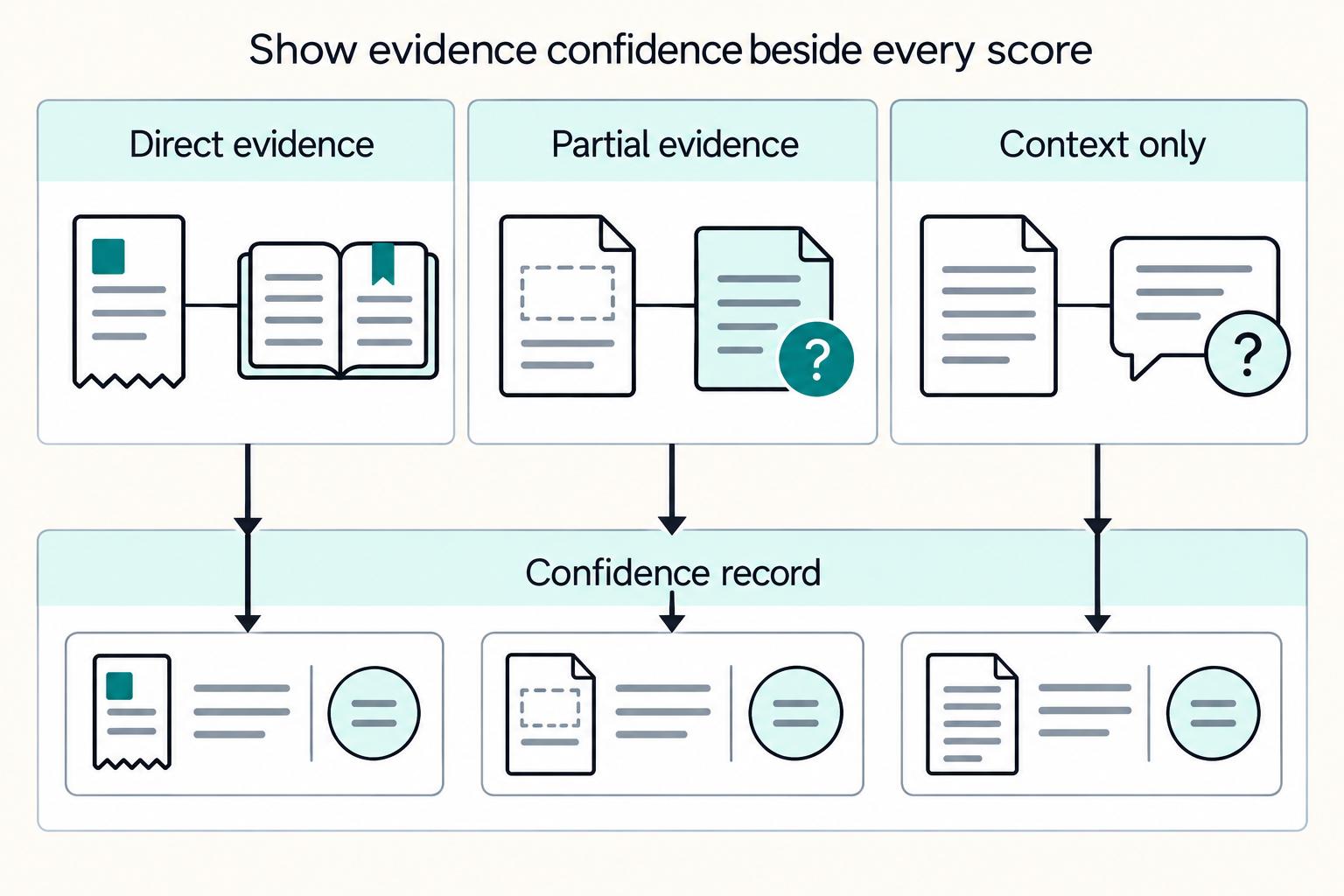 Show evidence confidence beside every score: Direct evidence, Partial evidence, Context only, Confidence record.