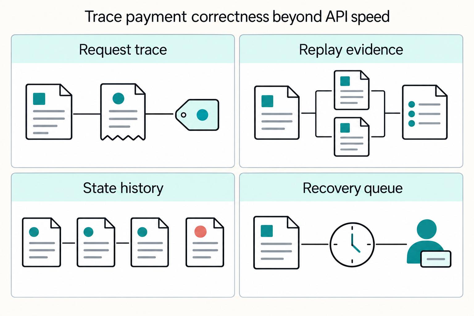 Trace payment correctness beyond API speed: Request trace, Replay evidence, State history, Recovery queue.