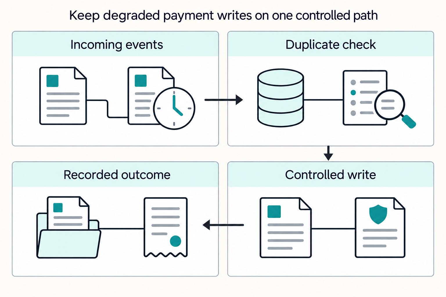 Keep degraded payment writes on one controlled path: Incoming events, Duplicate check, Controlled write, Recorded outcome.