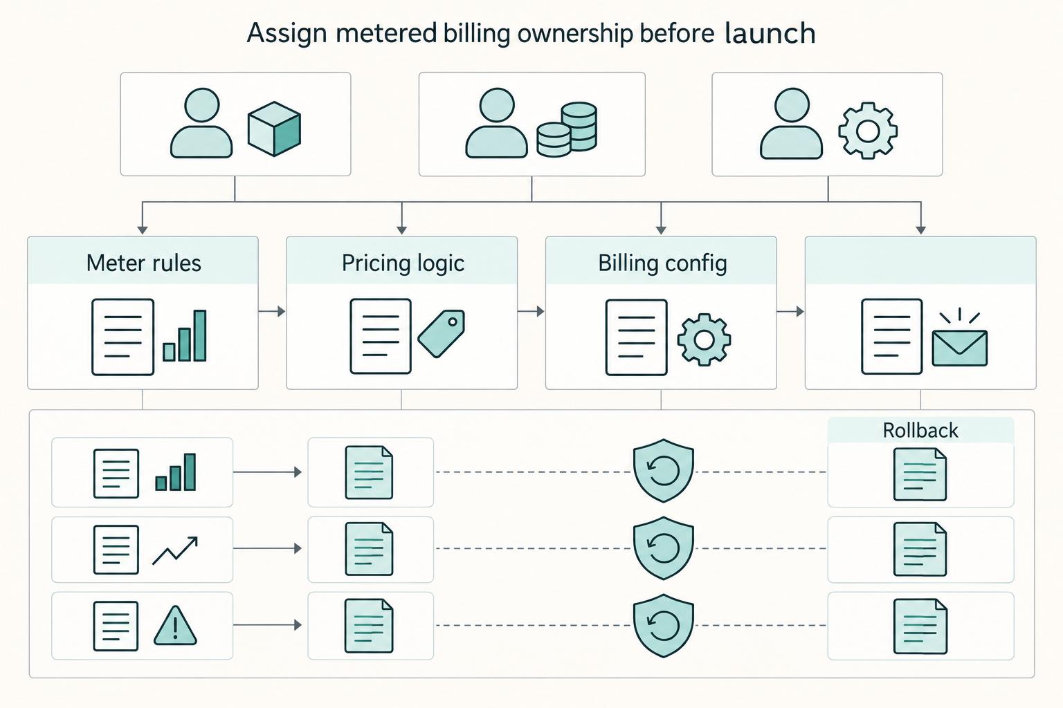 Assign metered billing ownership before launch: Meter rules, Pricing logic, Billing config, and Rollback.