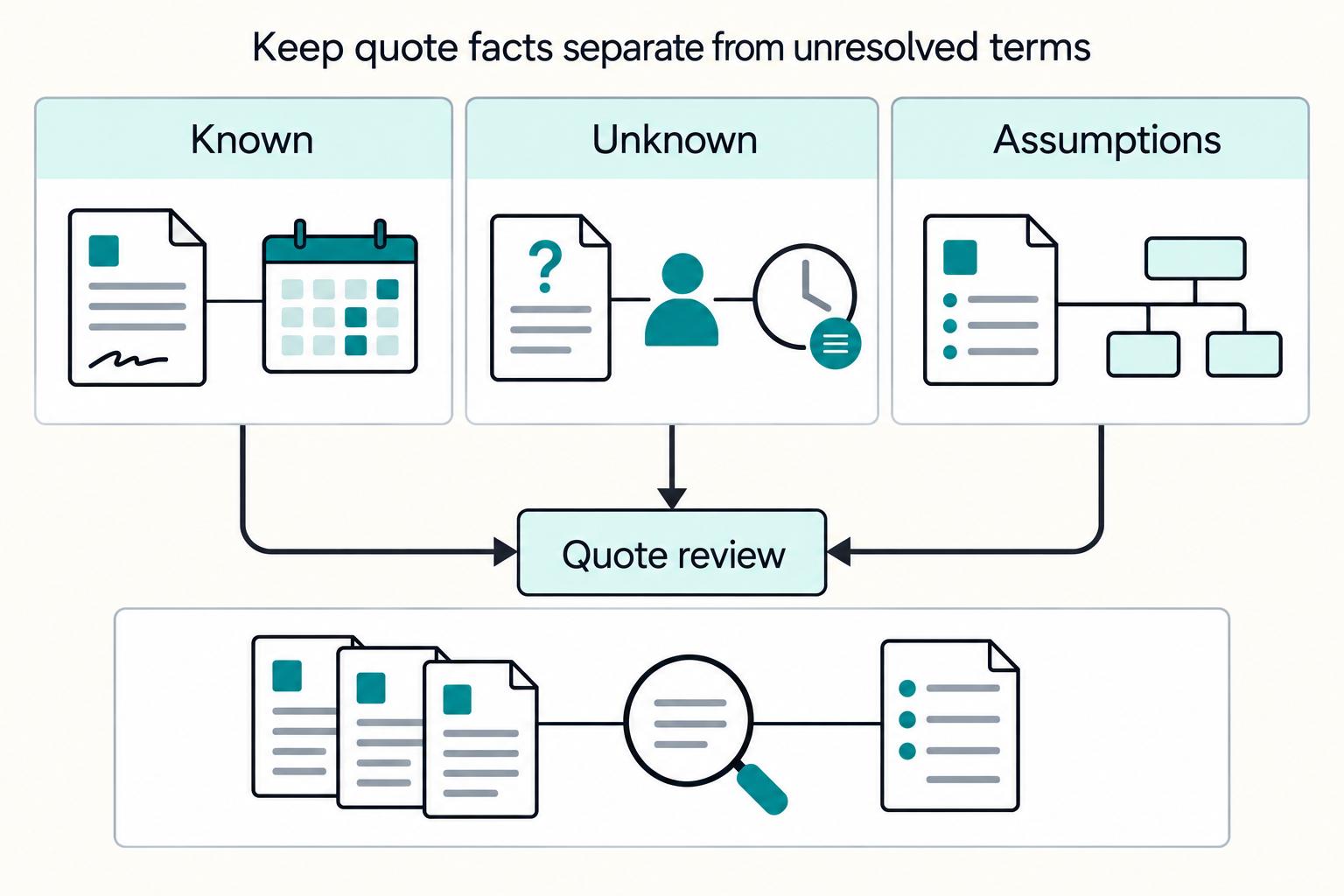 Keep quote facts separate from unresolved terms: Known, Unknown, Assumptions, Quote review.