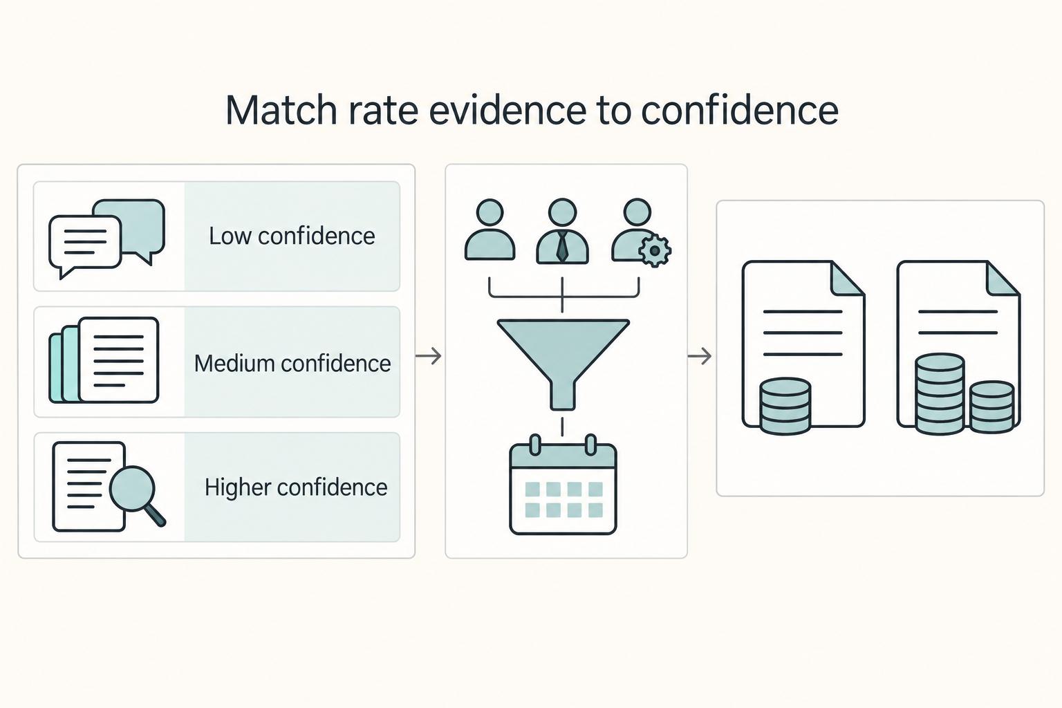 Match rate evidence to confidence: Low confidence, Medium confidence, and Higher confidence.