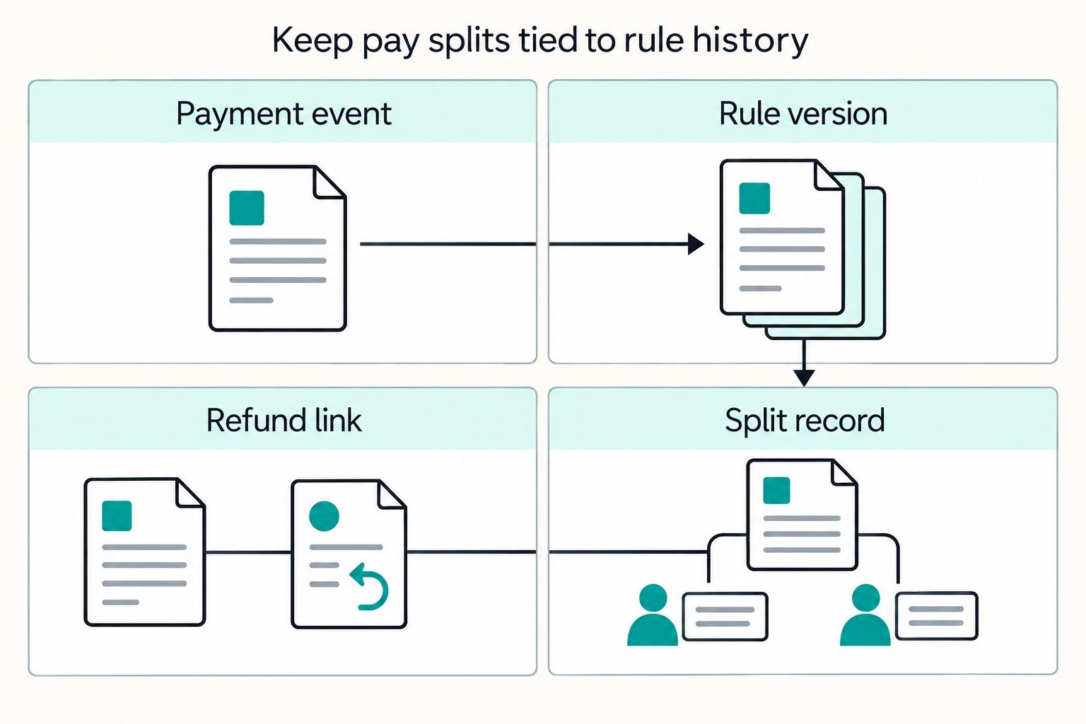 Keep pay splits tied to rule history: Payment event, Rule version, Split record, Refund link.