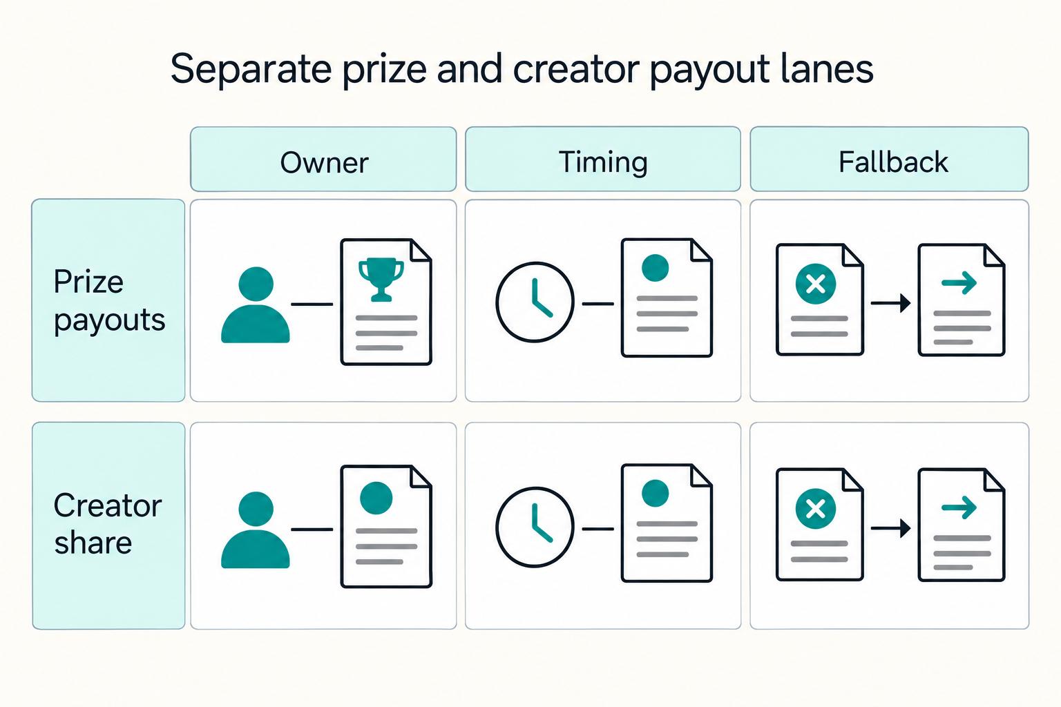 Separate prize and creator payout lanes: Prize payouts, Creator share, Owner, Timing, Fallback.