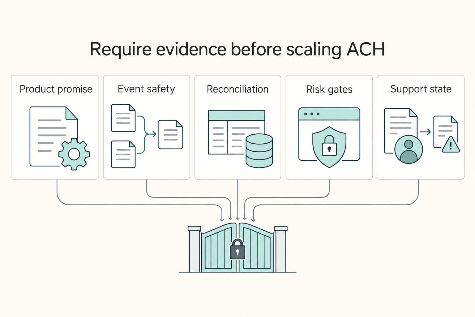Require evidence before scaling ACH: Product promise, Event safety, Reconciliation, Risk gates, and Support state.