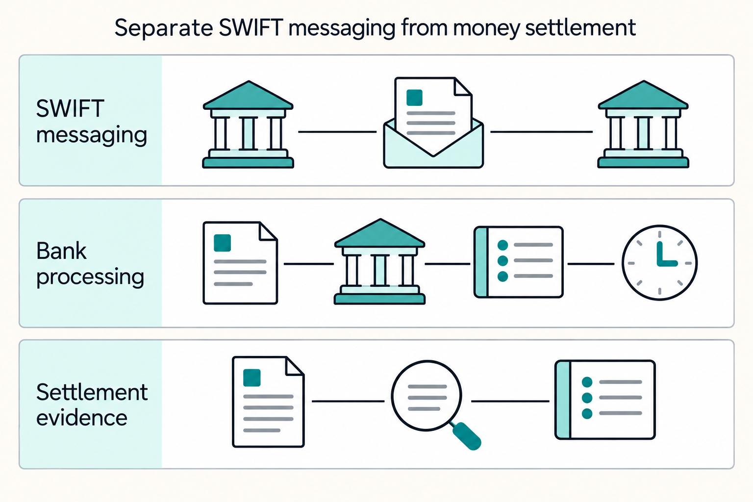 Separate SWIFT messaging from money settlement: SWIFT messaging, Bank processing, Settlement evidence.