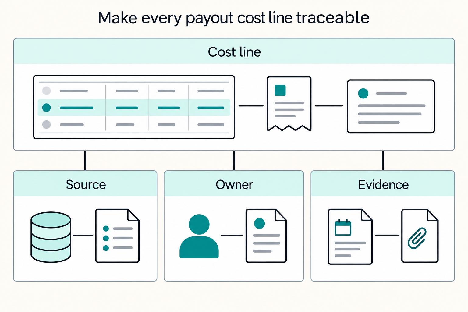 Make every payout cost line traceable: Cost line, Source, Owner, Evidence.