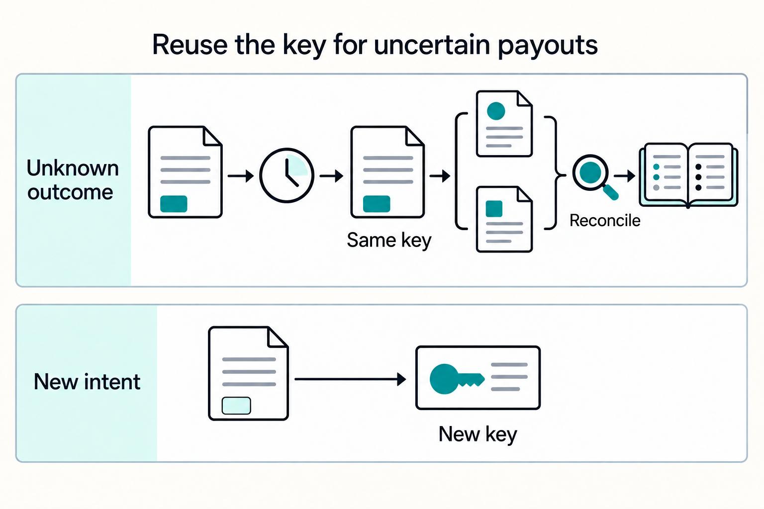 Reuse the key for uncertain payouts: Unknown outcome, Same key, Reconcile, New intent, and New key.