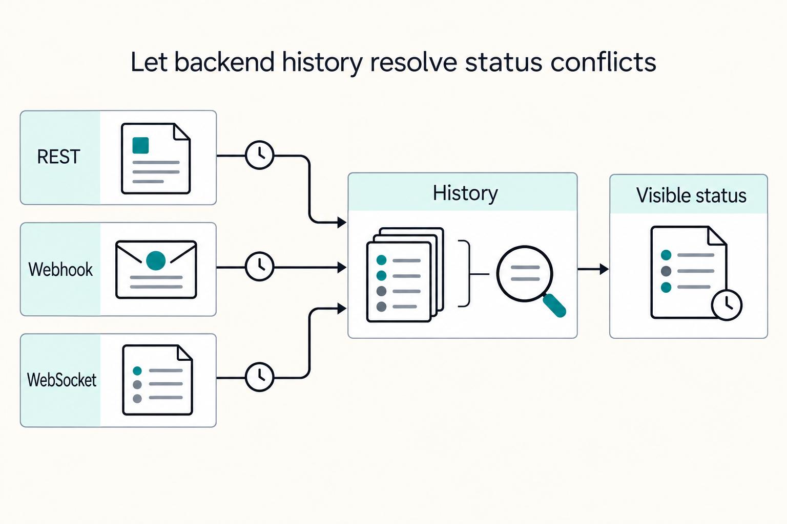 Let backend history resolve status conflicts: REST, Webhook, WebSocket, History, and Visible status.