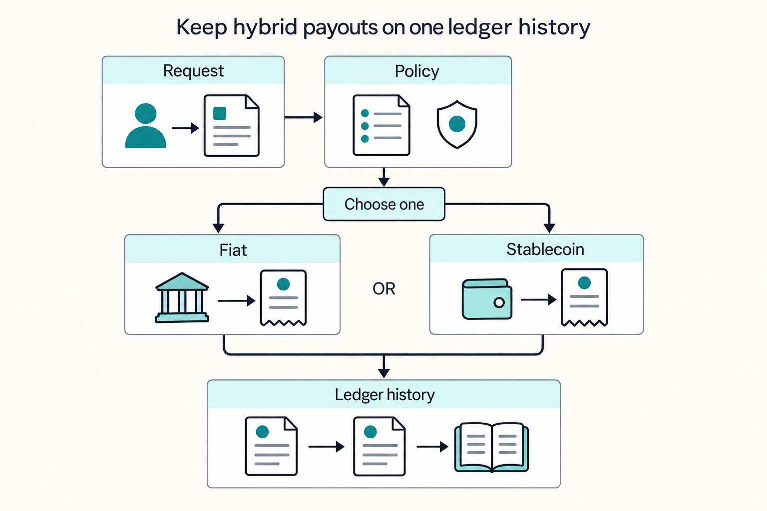 Keep hybrid payouts on one ledger history: Request, Policy, Fiat, Stablecoin, Ledger history, Choose one, OR.