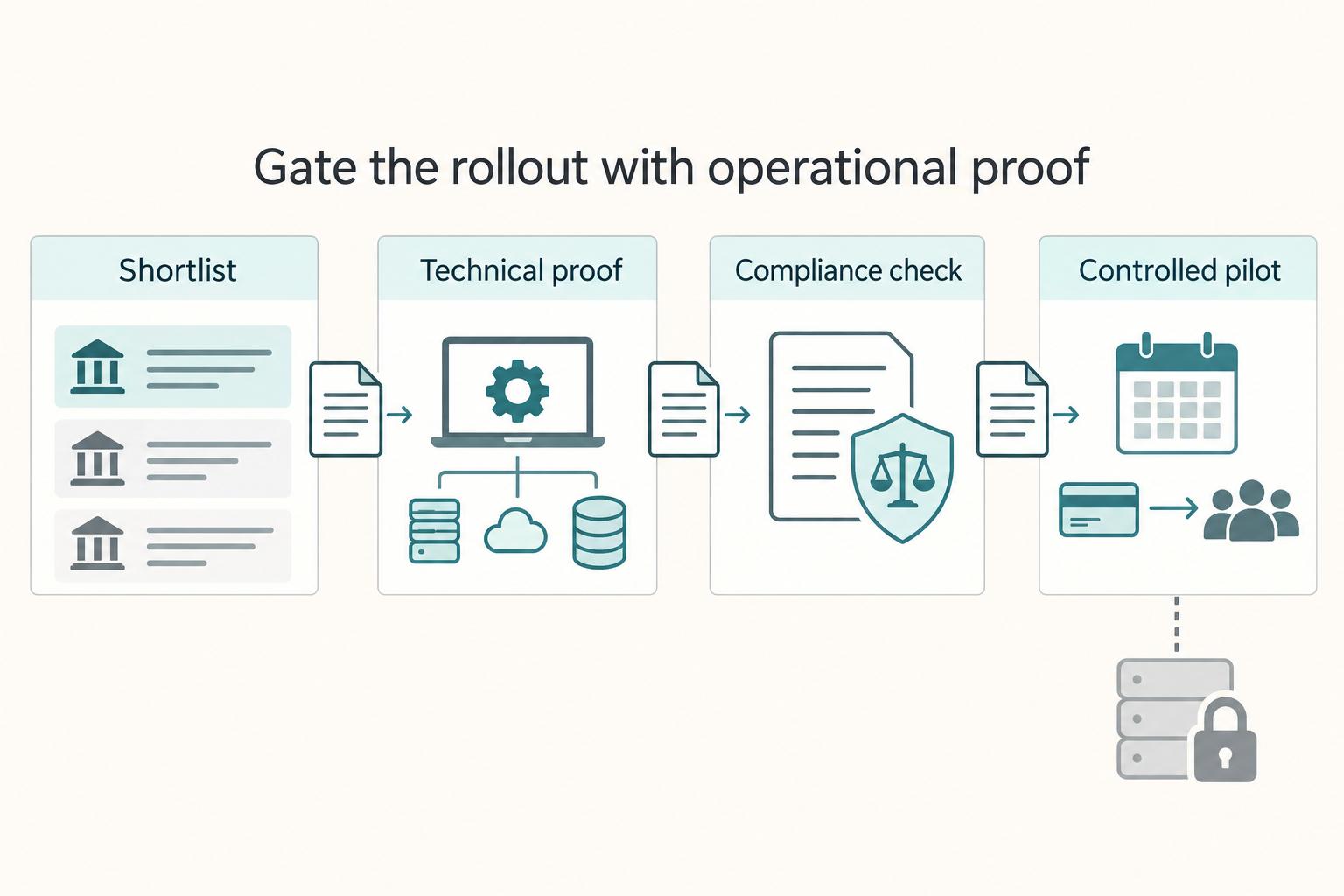 Gate the rollout with operational proof: Shortlist, Technical proof, Compliance check, and Controlled pilot.