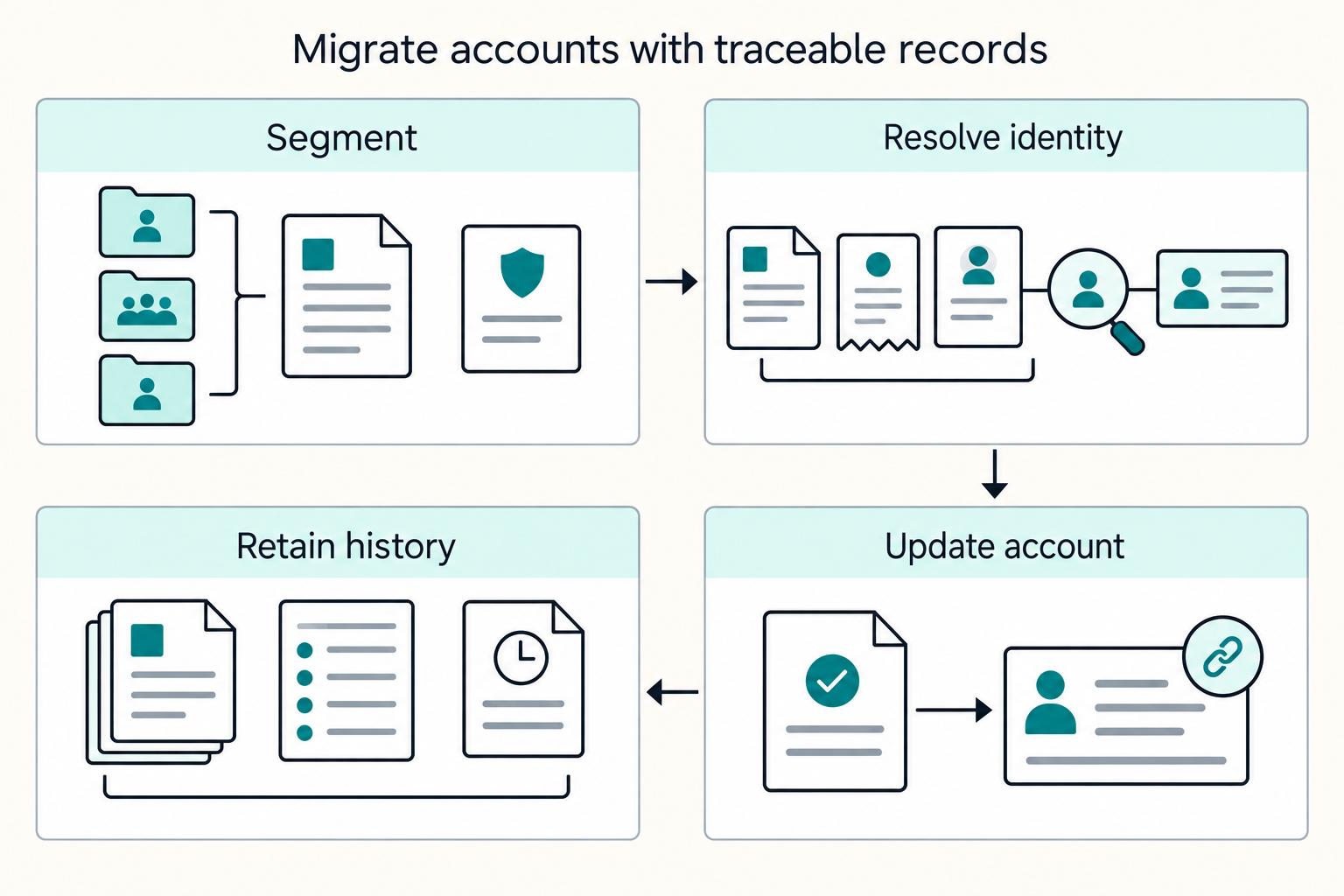 Migrate accounts with traceable records: Segment, Resolve identity, Update account, and Retain history.