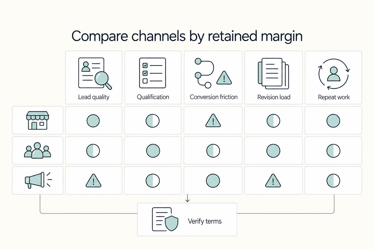 Compare channels by retained margin: Lead quality, Qualification, Conversion friction, Revision load, Repeat work, and Verify terms.